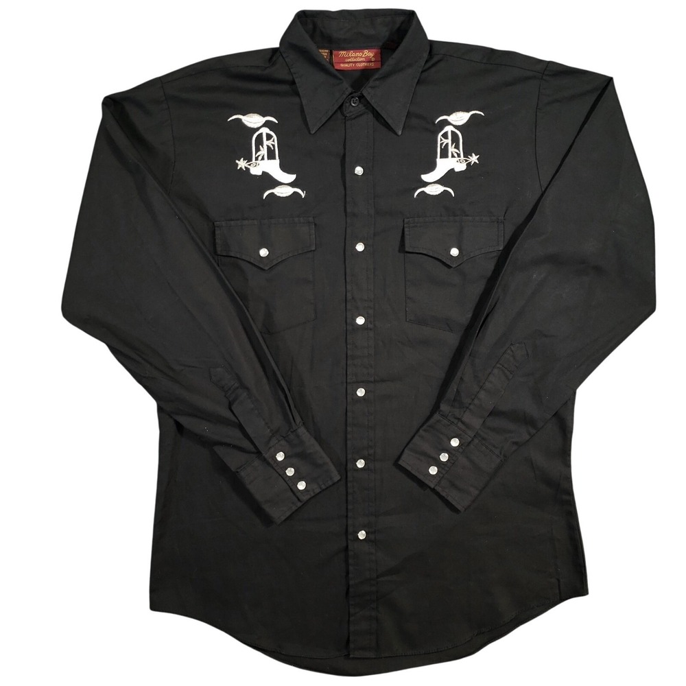 Milano‎ Bay Pearl Snap Shirt Mens 15 - 33.5 Black Long Sleeve Embroidered Boots
